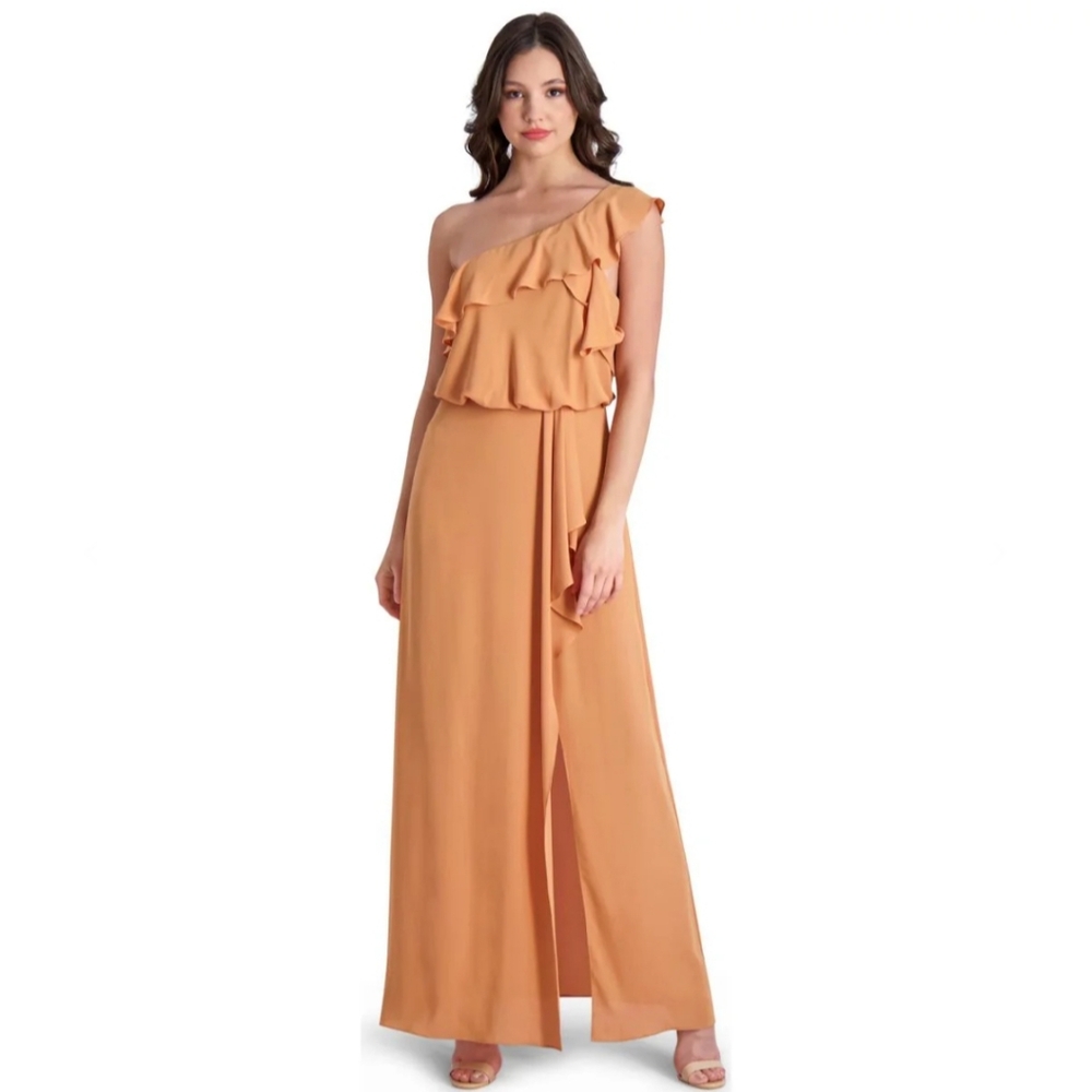 BCBGMAXAZRIA Dahlia Womens Formal Evening Ruffle Maxi Dress Sz 0 In Sandstone‎